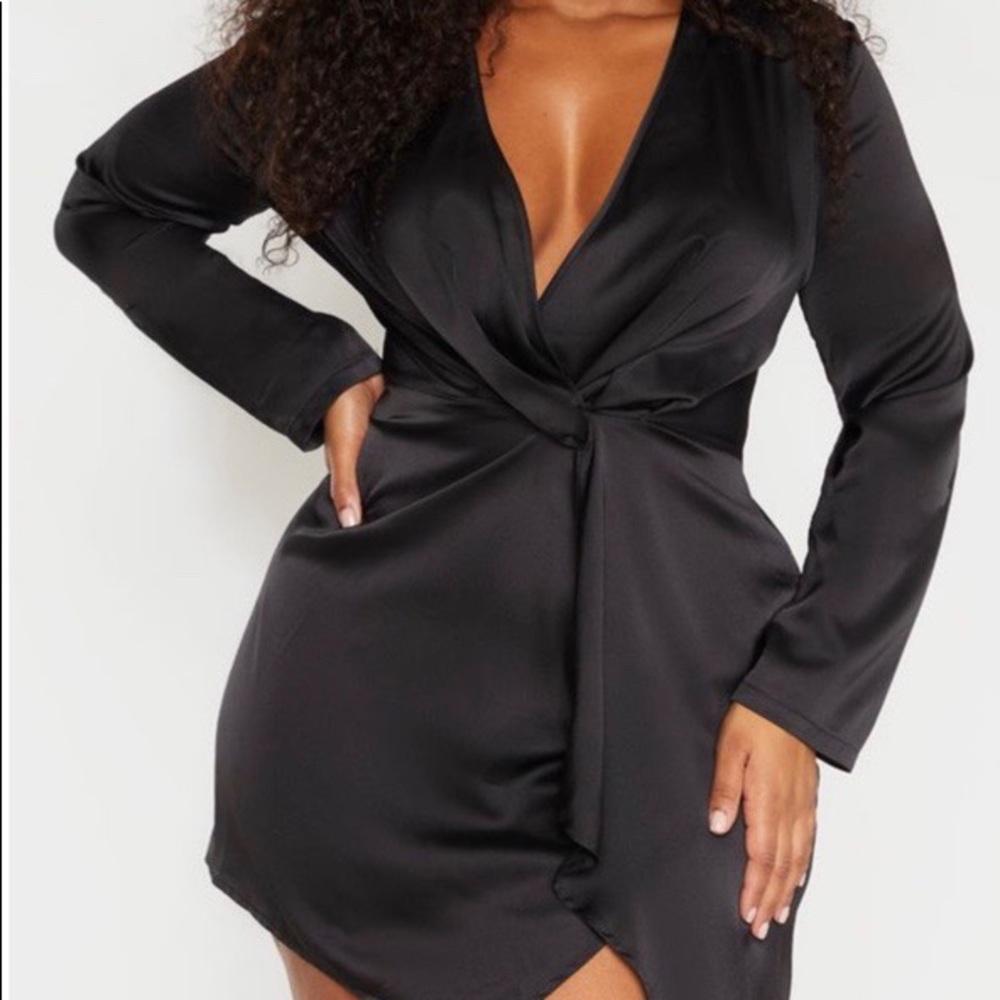 PrettyLittleThing plus black longsleeve wrap dress